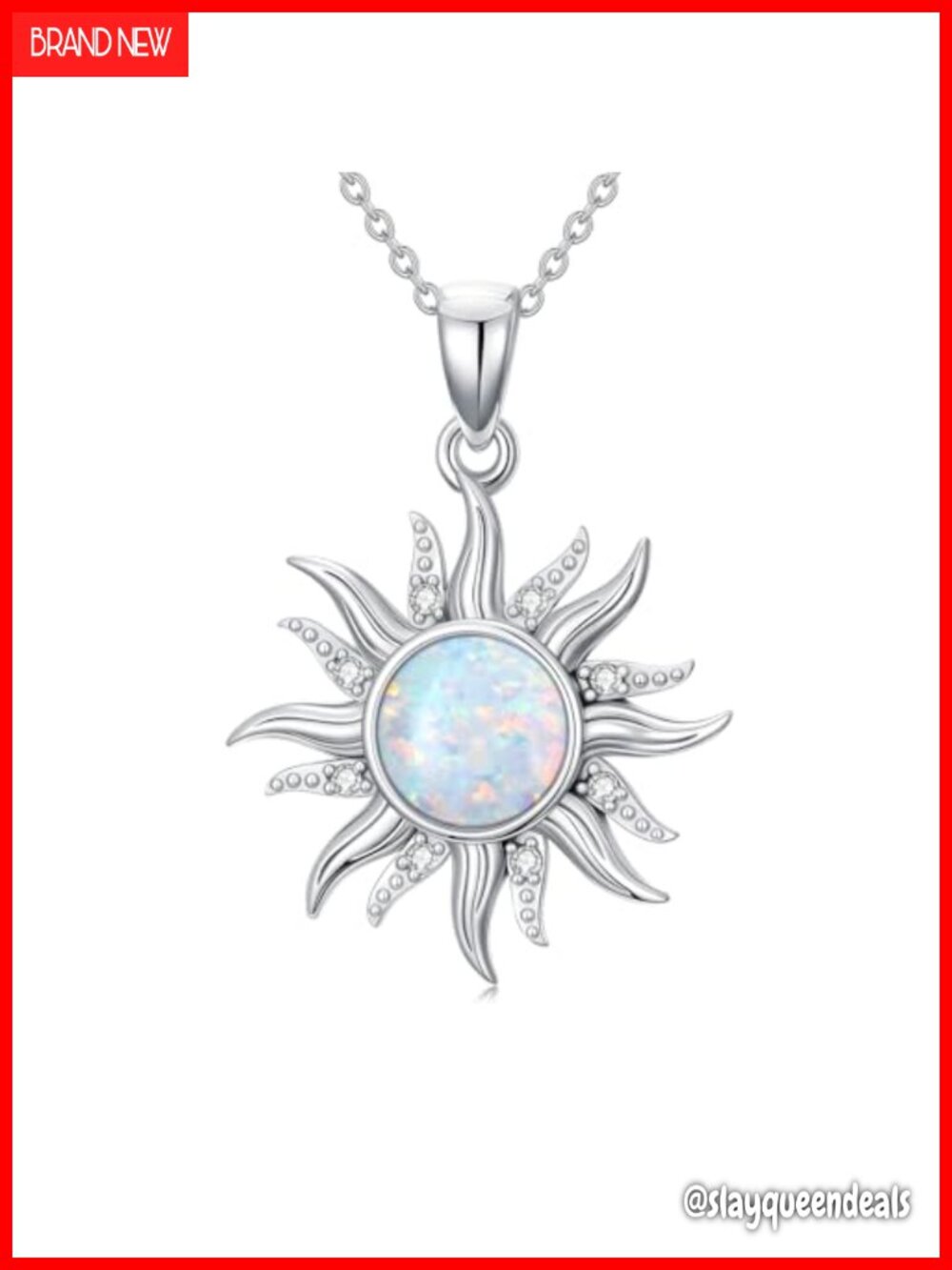 925 Sterling Silver White Opal Sun Necklace Lab Grown Diamond Pendant